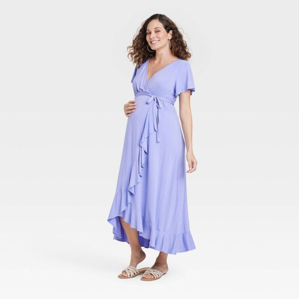 Isabel Maternity Women's Knit V Neck Maxi Maternity Dress Flutter Sleeve